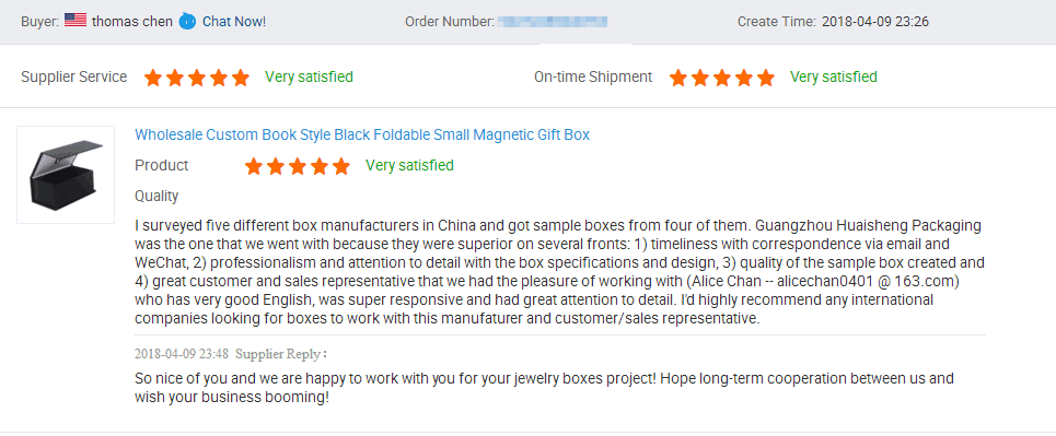 5 stars review on jewelry packaging box